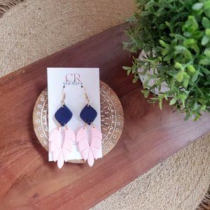 Pale Pink And Navy Blue Clay Feather Dangle Earrings